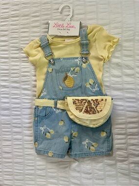 NWT Little Lass Lemon Print Denim Overall Shorts Set w/ Sequin Belt Bag 3T